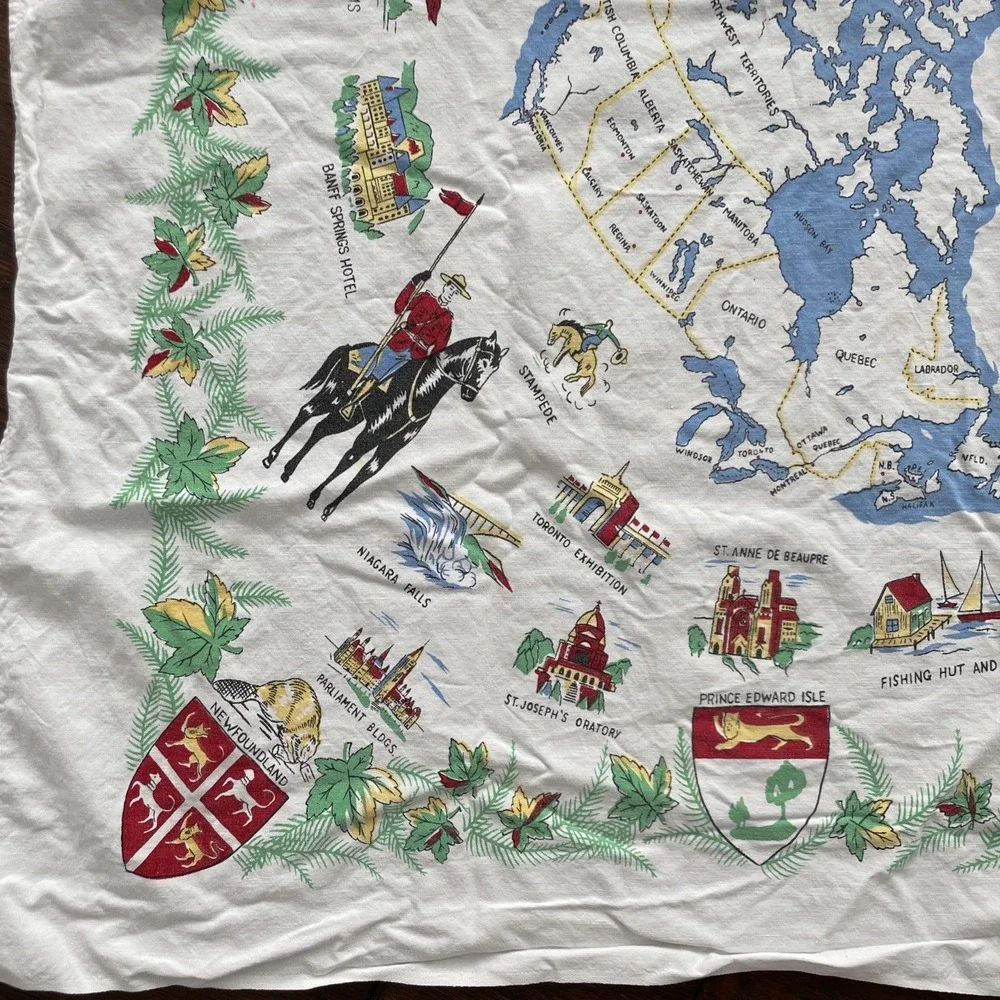 CANADA MAP With Major Landmarks Vintage Souvenir Tablecloth 3.5' Square White